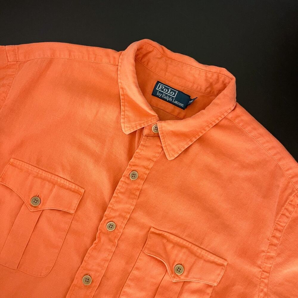VTG Polo Ralph Lauren Shirt Mens XXL Orange Linen Cotton Safari Utility Outdoor